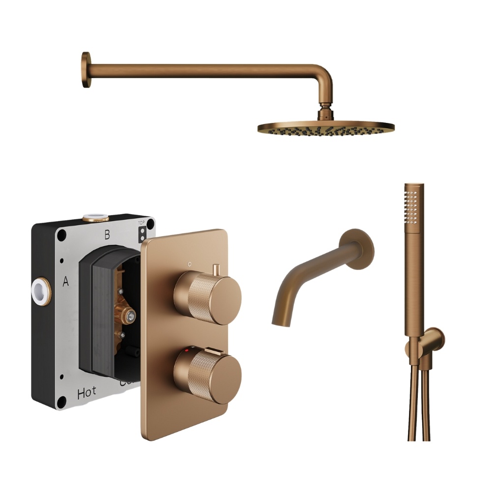 Product Cut out image of the Abacus Iso Pro Brushed Bronze 3 Outlet Shower Pack with Bath Spout & Handset